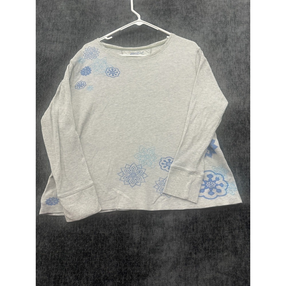 Eddie Bauer Waffle Knit Top Womens 2XL Gray Snowflake Print 100% Cotton Pullover